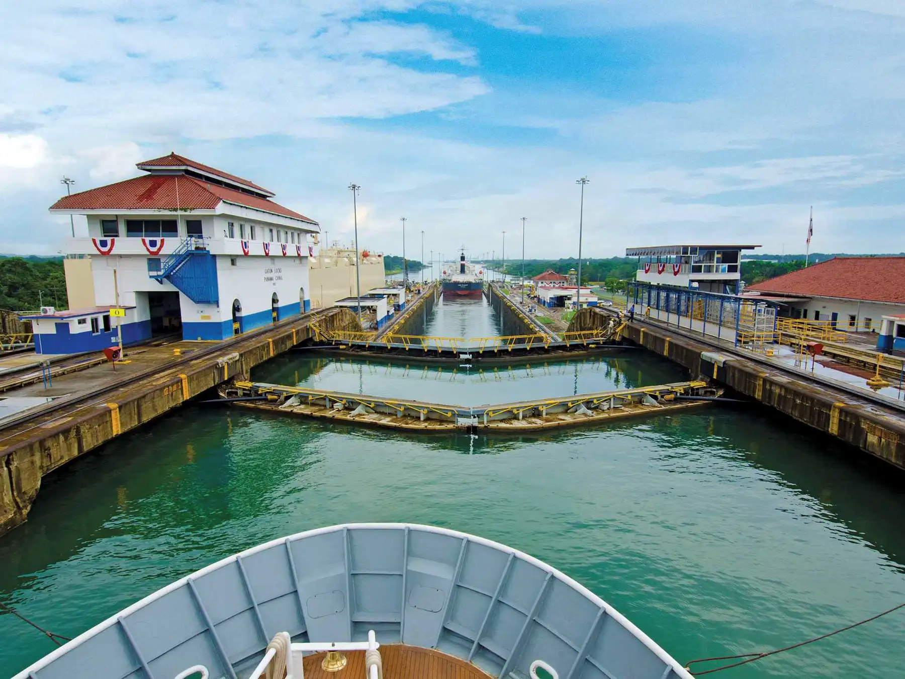 A cruise ship entering the Panama Canal's Gatun Locks near Colón.