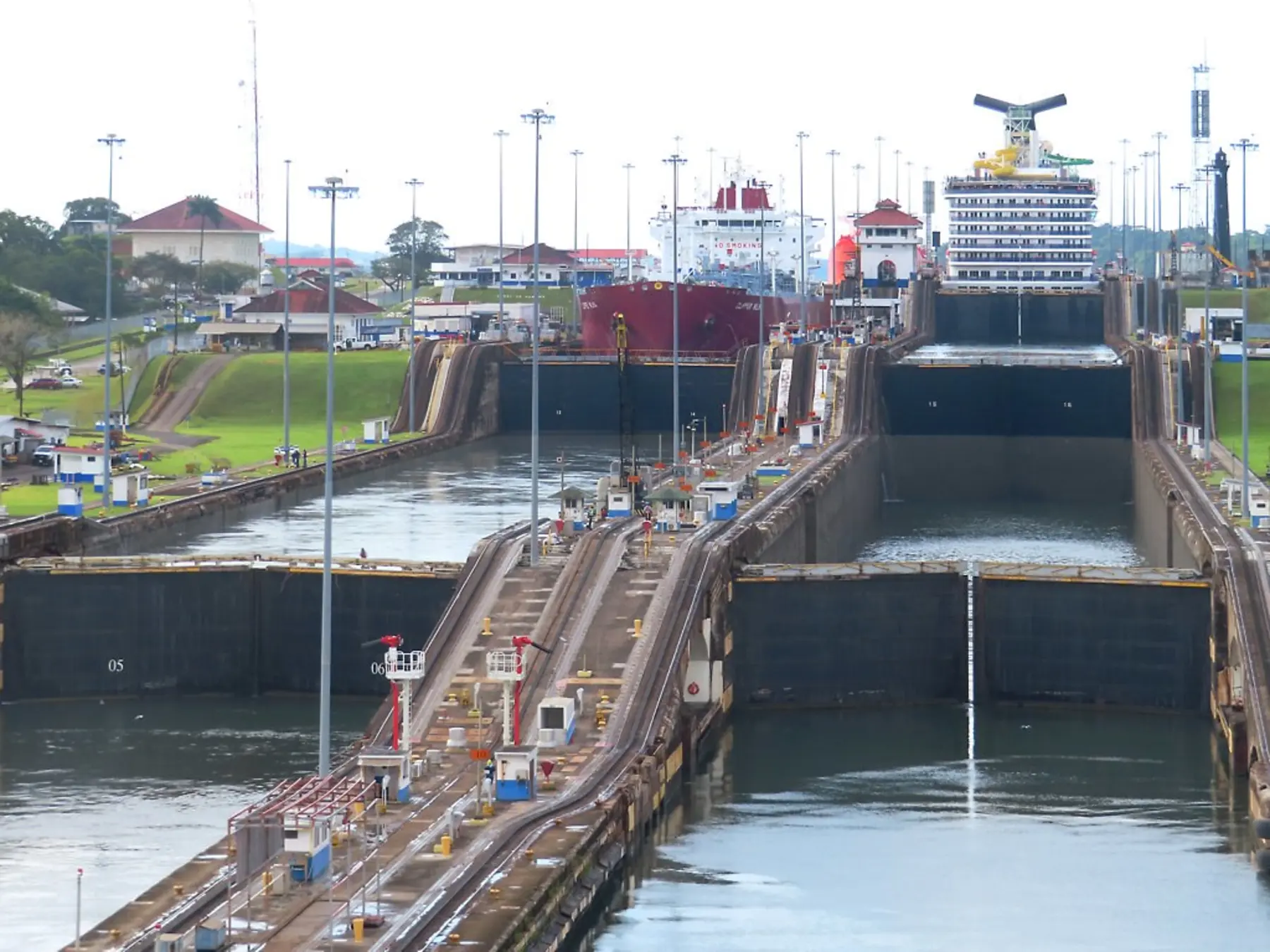 A ship transiting the Panama Canal's Gatun Locks near Colón.