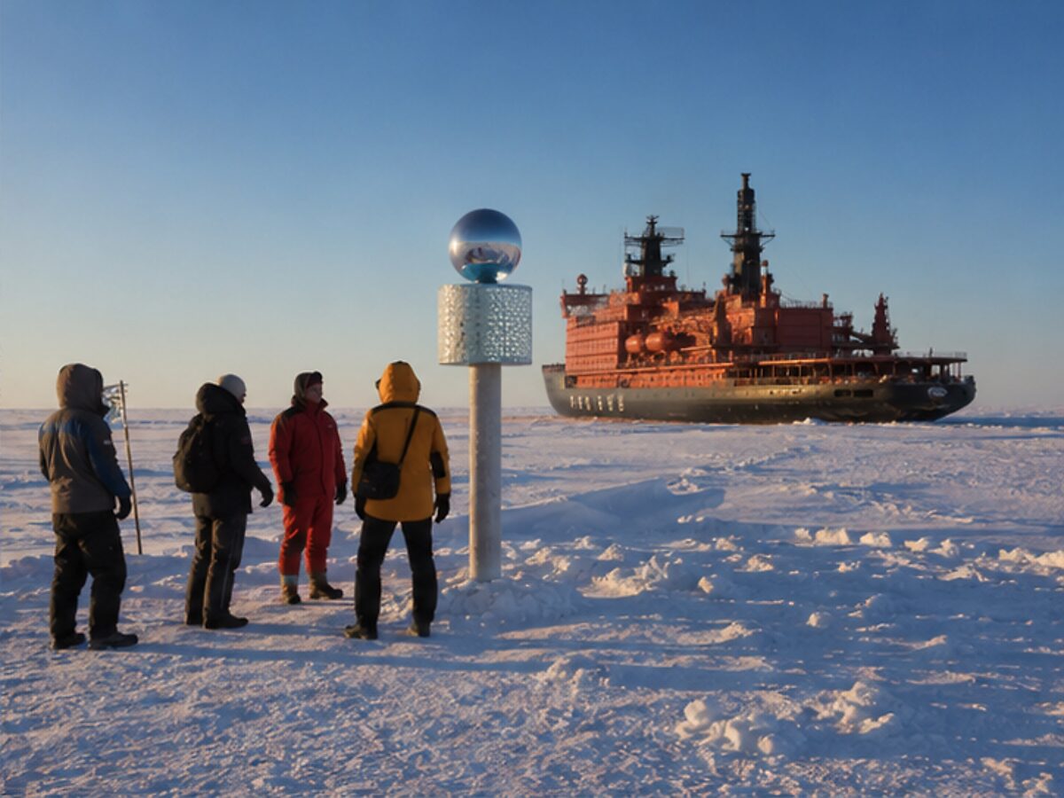 Expedition travelers on sea ice at the geographic North Pole with an icebreaker nearby