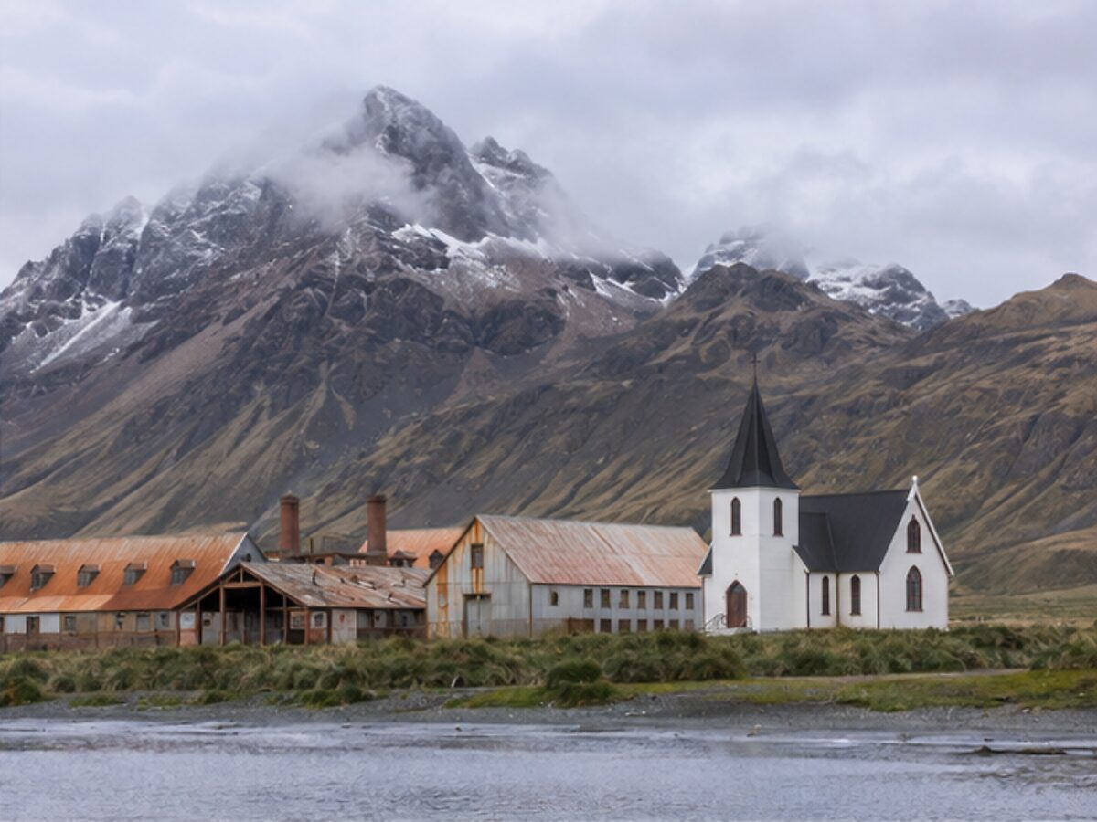 Historic church and whaling station buildings at Grytviken, South Georgia