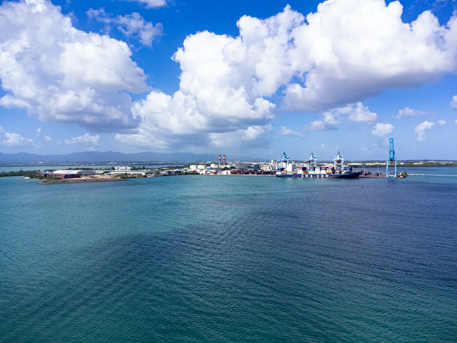 Aerial view of the port and coastline at Jarry in Guadeloupe