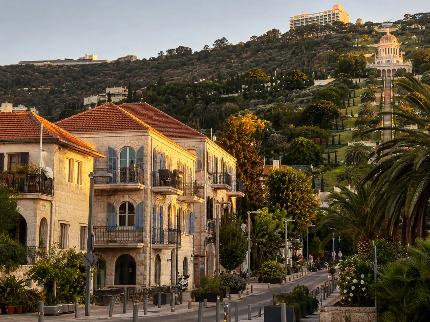 Haifa's German Colony with the Baháʼí Gardens on Mount Carmel behind.
