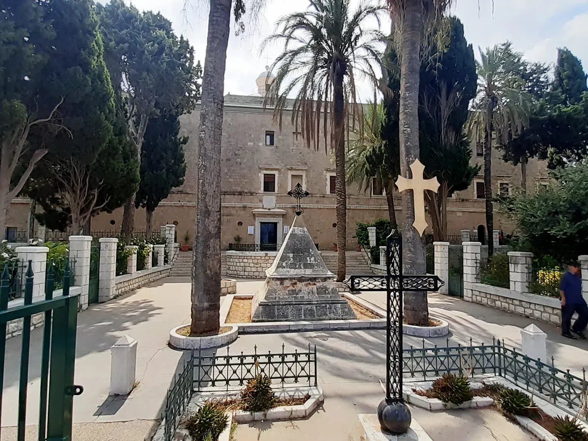 Courtyard and stone facade of Stella Maris Monastery in Haifa