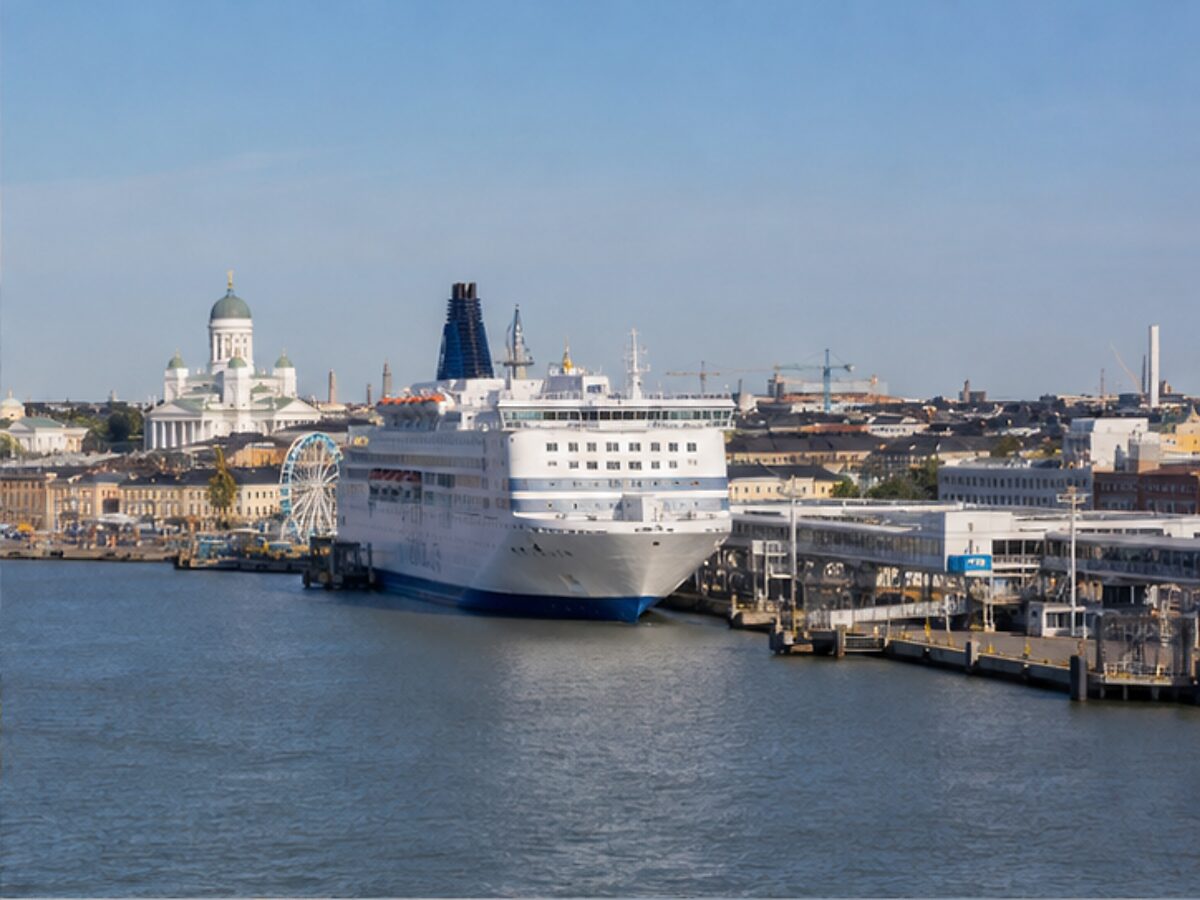 Baltic overnight ferry docked at a terminal in Helsinki harbor