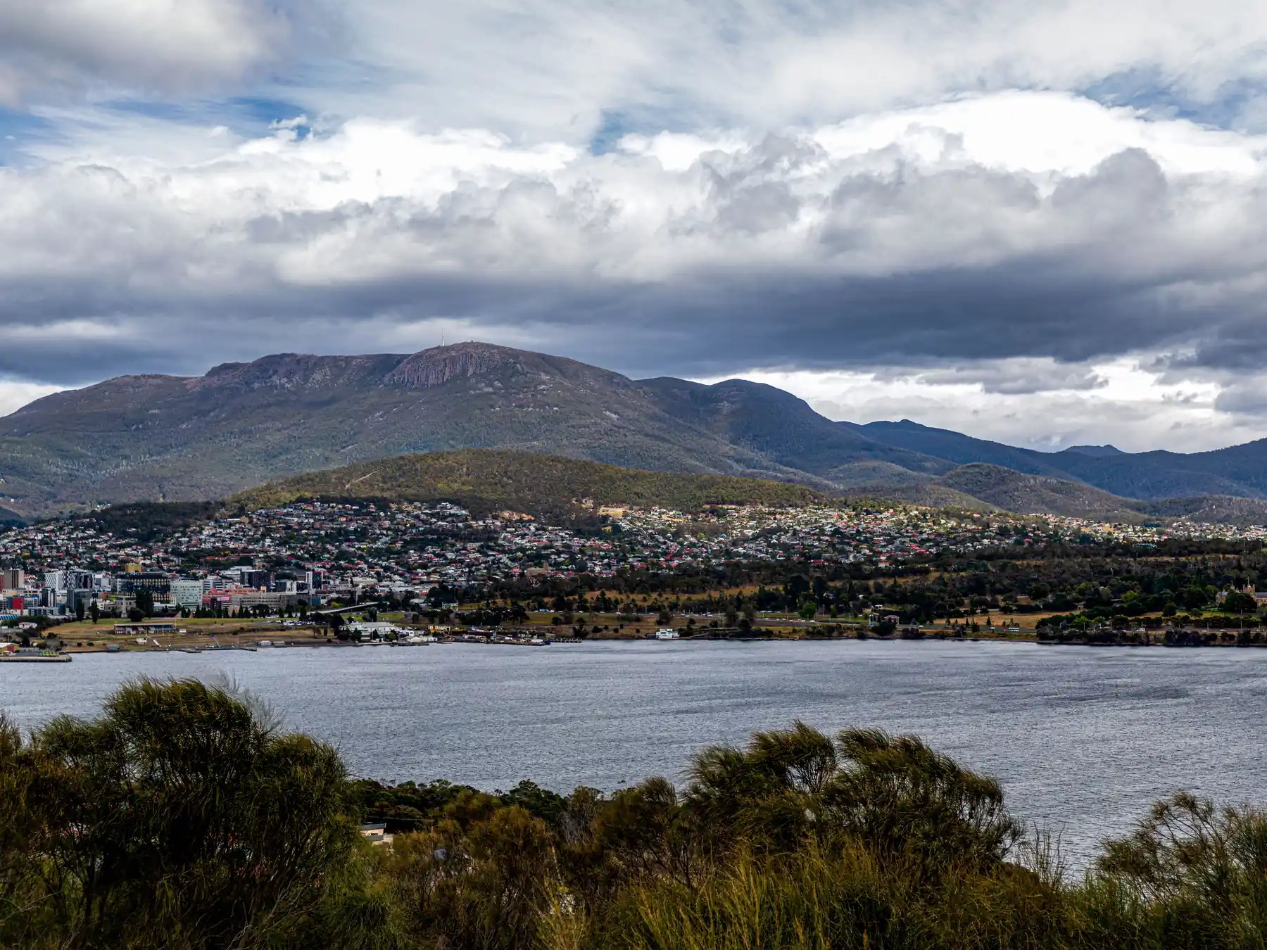 Panoramic view of Hobart and Mount Wellington from Rosny Hill Lookout.