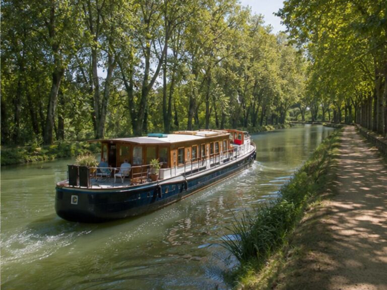 Intimate hotel barge cruising a tree-lined French canal beside a towpath