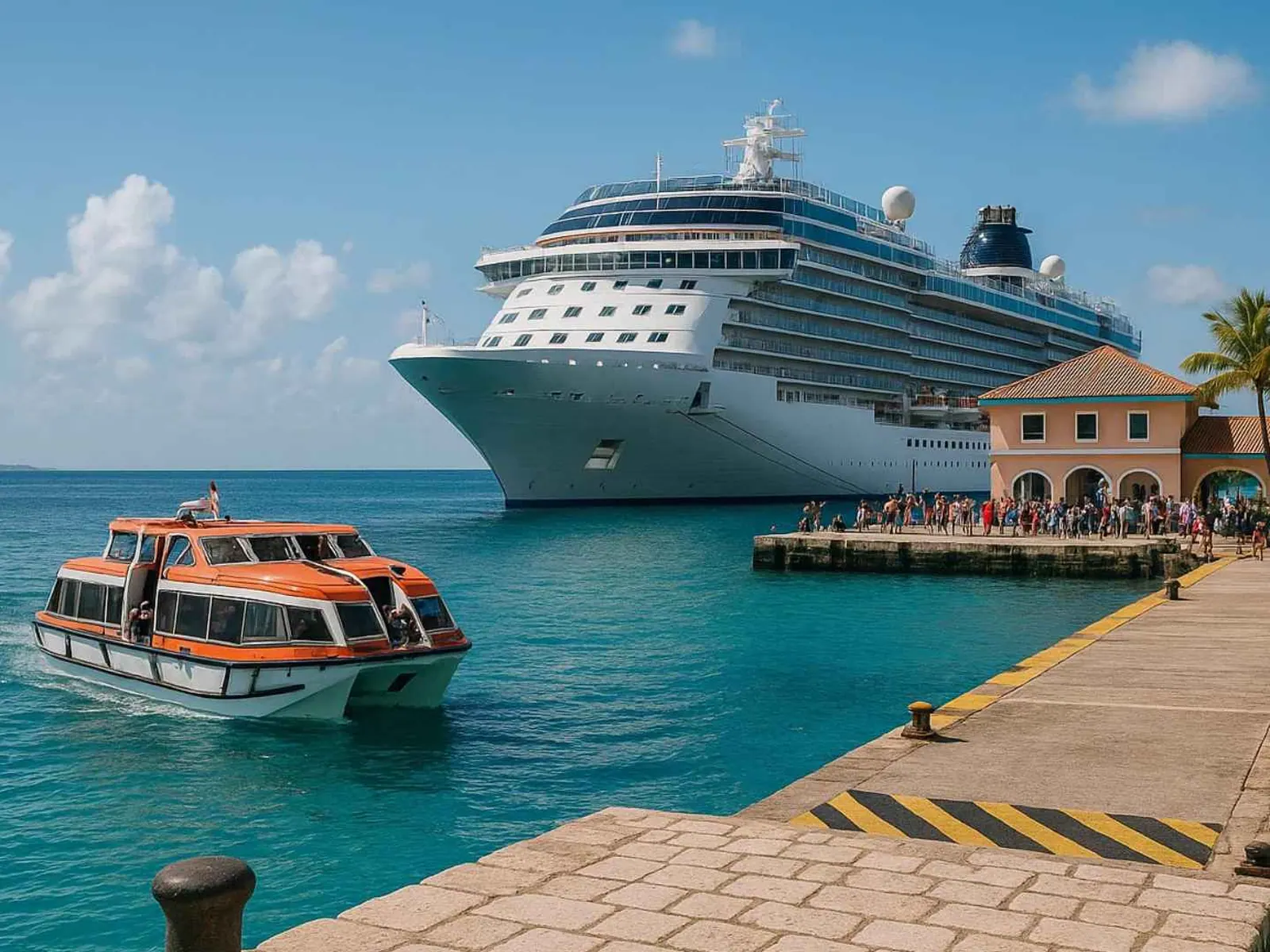 Cruise tender approaching a ship beside a Caribbean dock