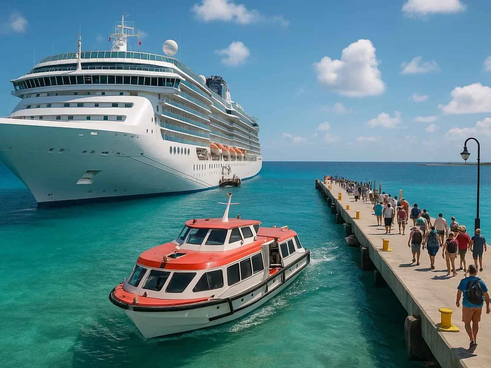 Cruise tender approaching a ship at a tropical pier