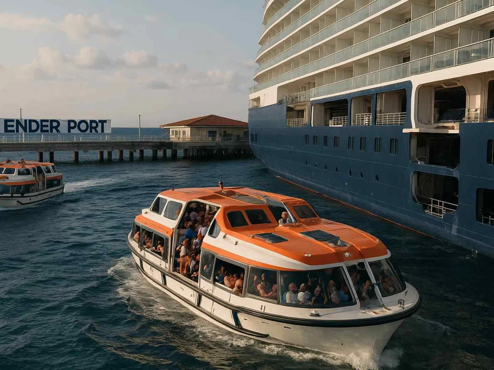 Cruise tender pulling away from a ship at a port pier