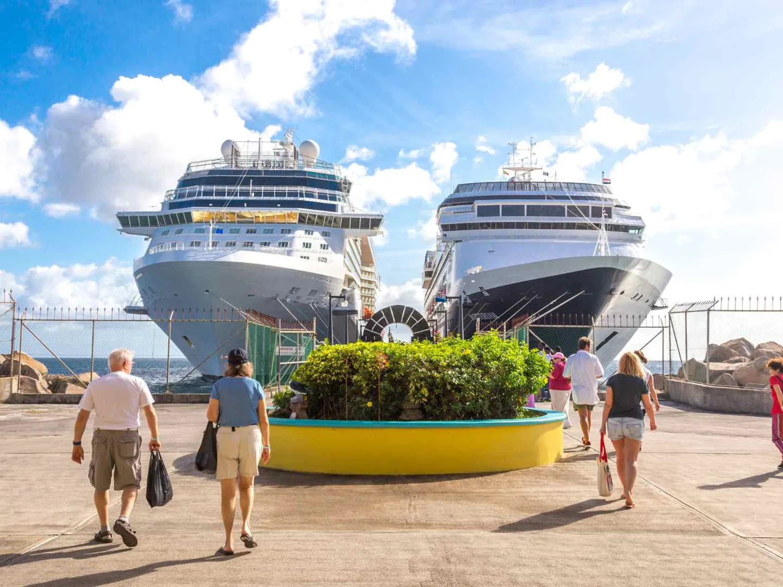 Passengers walking toward two cruise ships in a busy port