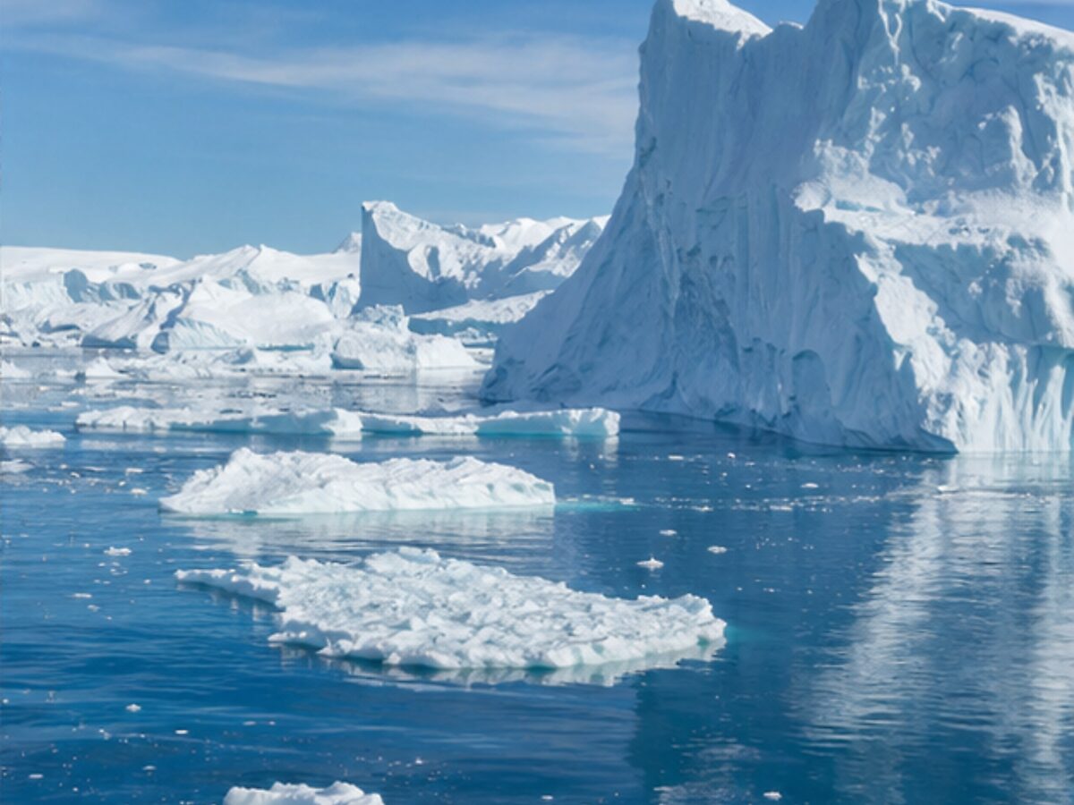 Towering icebergs floating in Ilulissat Icefjord, Greenland