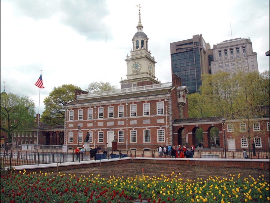 Independence Hall and its clock tower in central Philadelphia