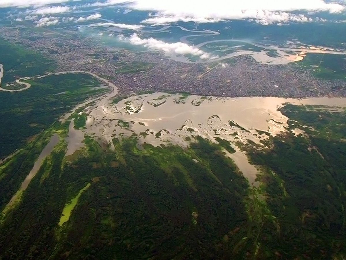 Aerial view of Iquitos surrounded by Amazon waterways and forest