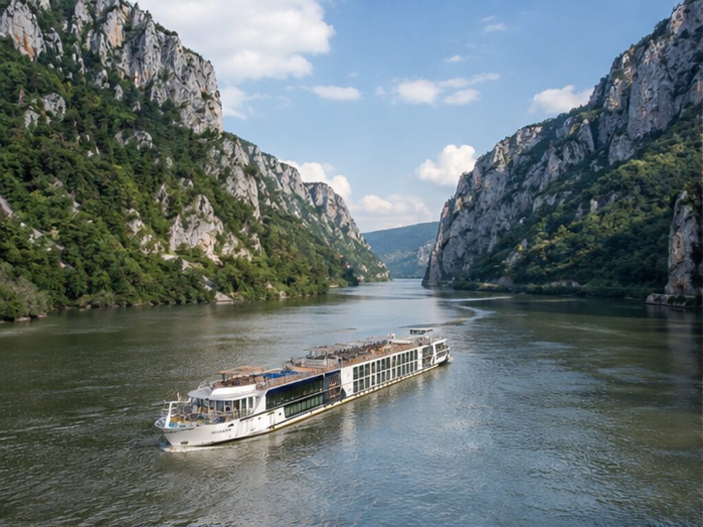 River cruise ship sailing through the dramatic Iron Gates gorge between Serbia and Romania