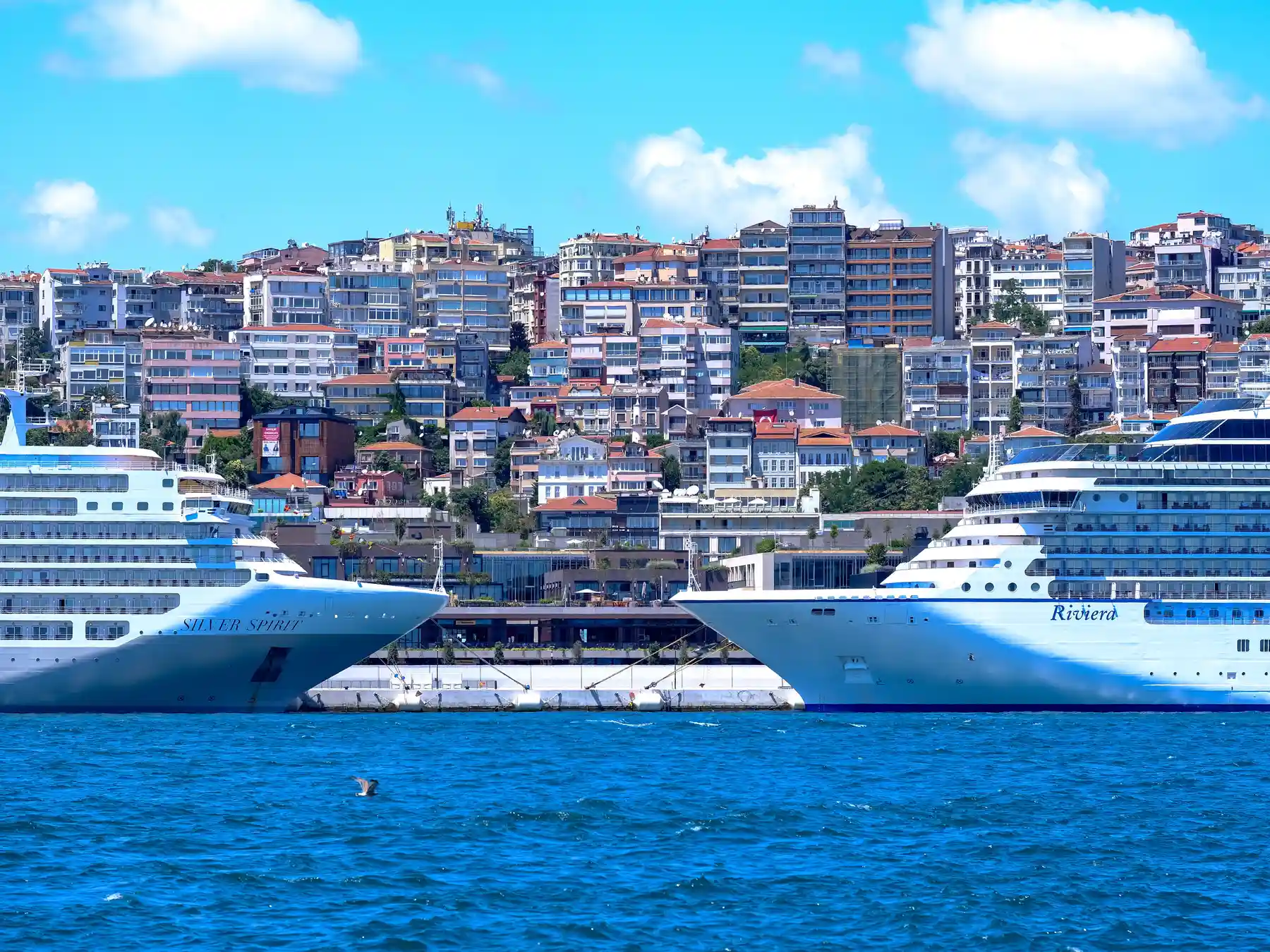 Cruise ships docked at Galataport Istanbul beside the Bosphorus waterfront.