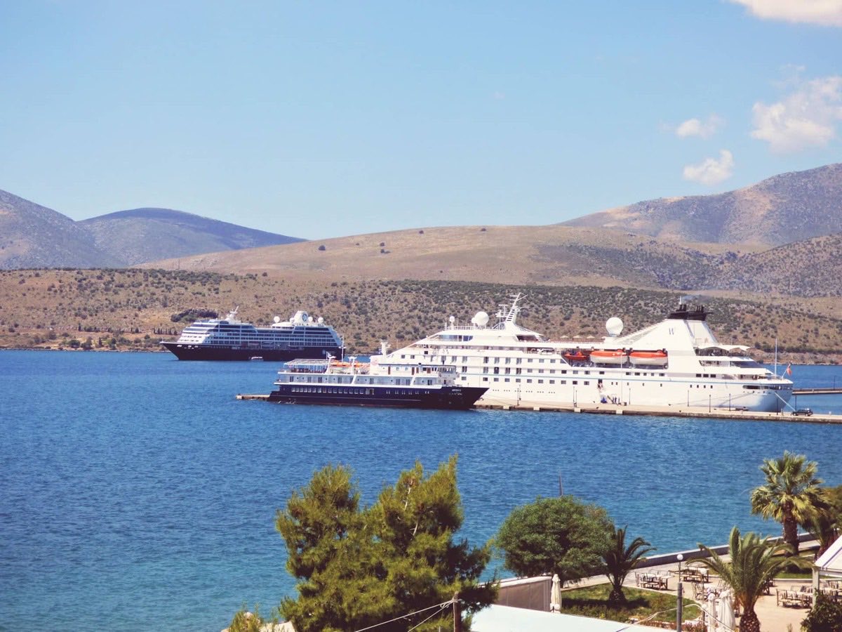 Cruise ships berthed at Itea port on the Gulf of Corinth