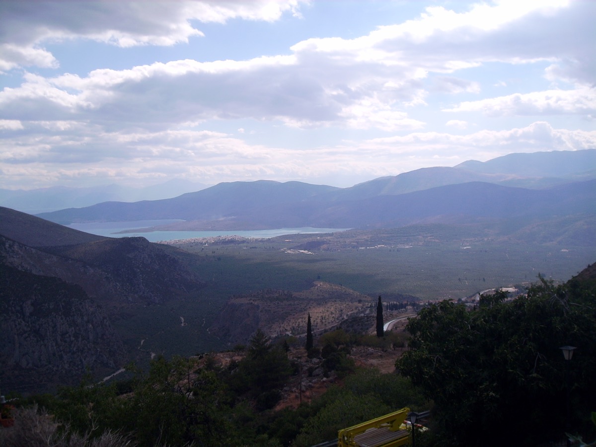 View from Delphi across the olive plain to Itea and the Gulf of Corinth