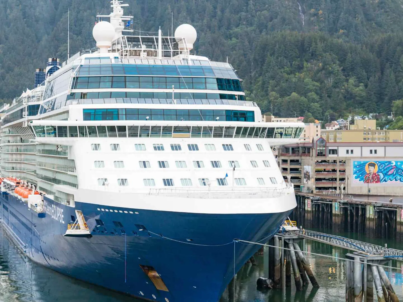 Cruise ship docked beside the forested waterfront in Juneau