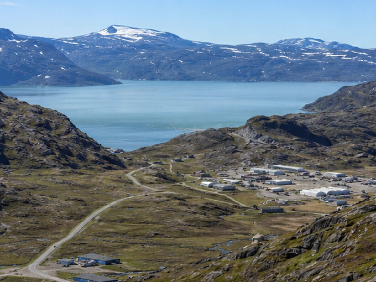 Remote settlement and broad fjord landscape near Kangerlussuaq, Greenland