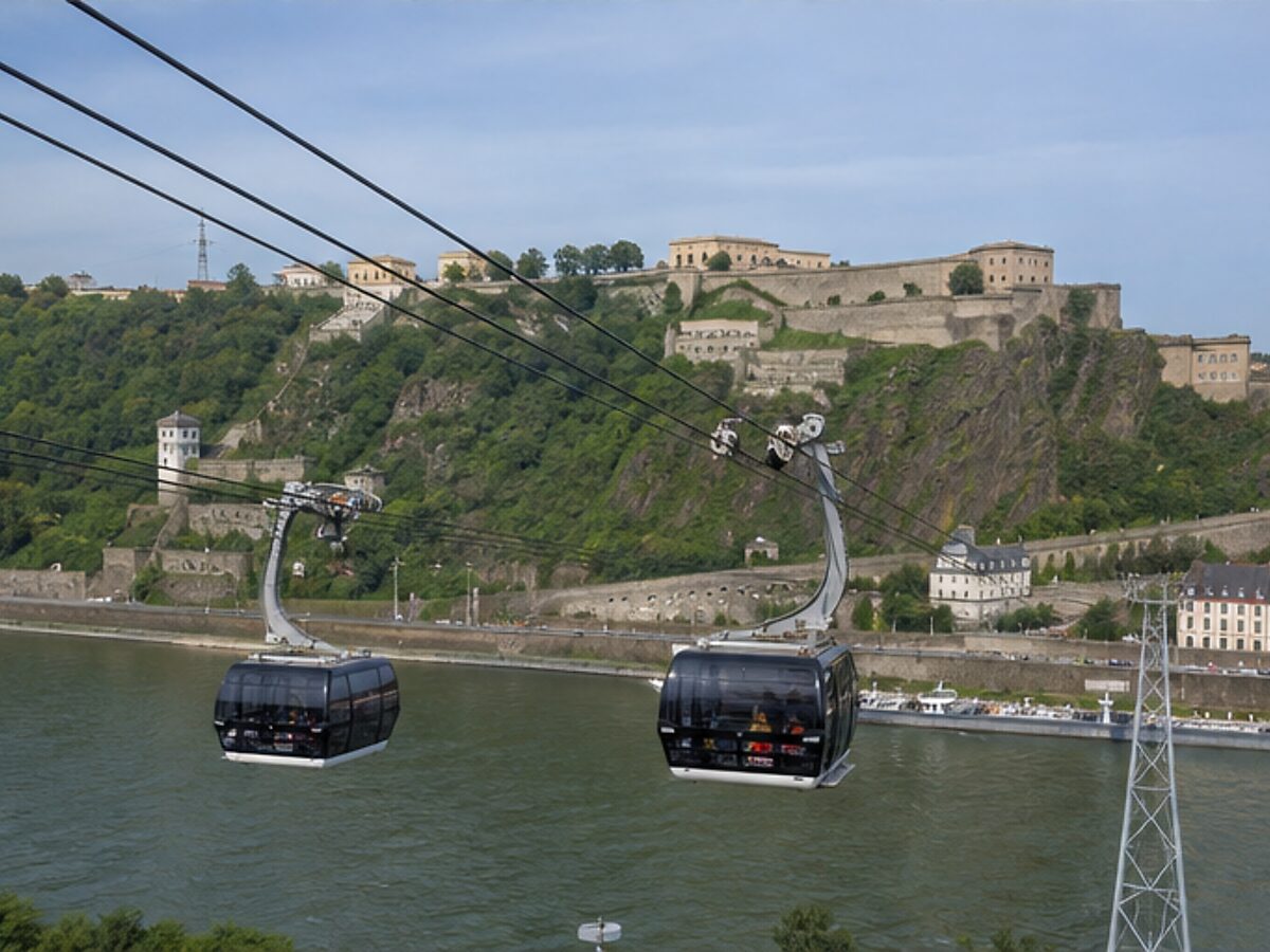 Koblenz cable cars crossing the Rhine toward Ehrenbreitstein Fortress