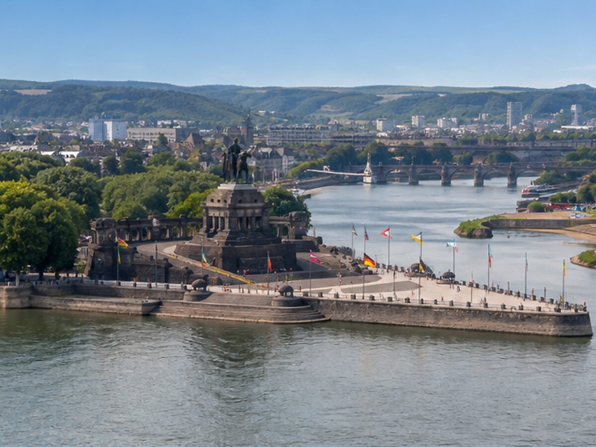 Deutsches Eck monument at the Rhine and Moselle river confluence in Koblenz