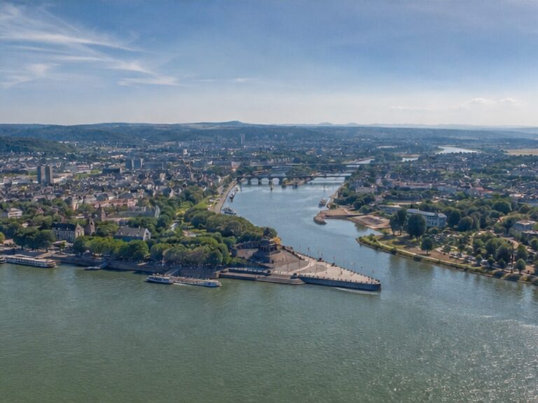 Aerial view of the Rhine and Moselle rivers meeting at Deutsches Eck in Koblenz