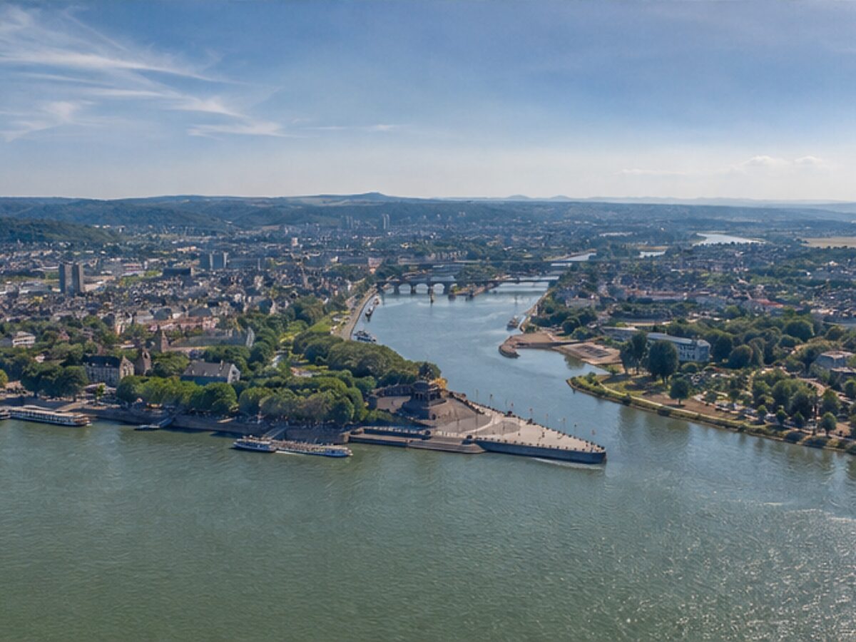 Aerial view of the Rhine and Moselle rivers meeting at Deutsches Eck in Koblenz