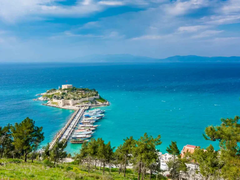 Pigeon Island and causeway near Kusadasi Cruise Port in Turkey.