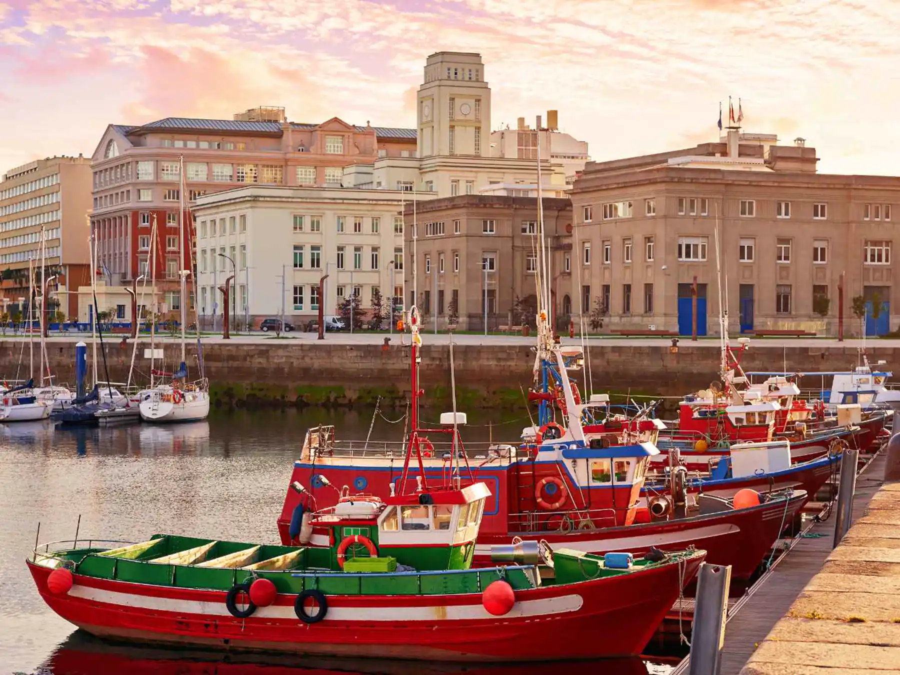 Harbor and waterfront view in La Coruña, Spain.