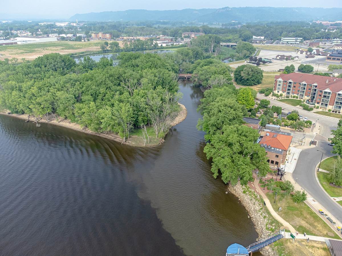 Aerial view of the La Crosse River meeting the Mississippi River