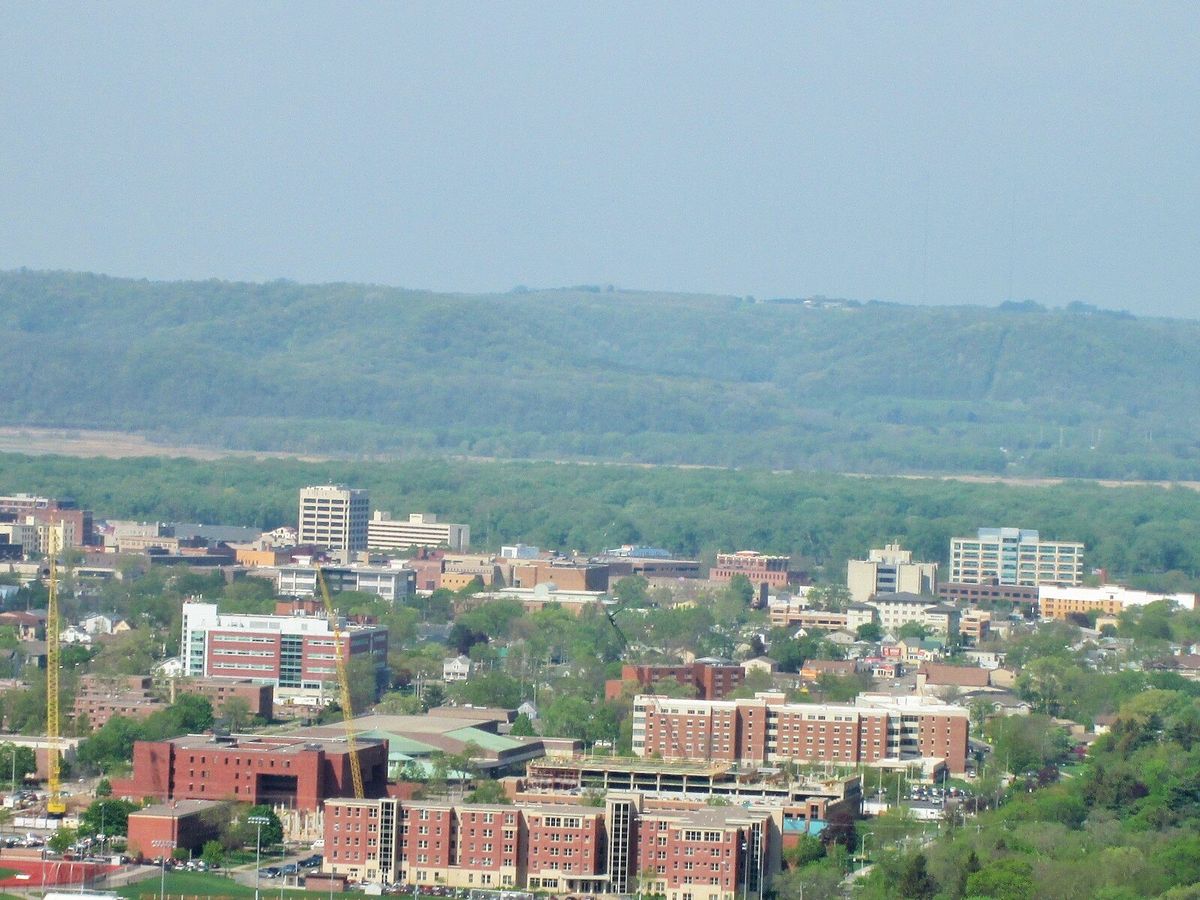 Downtown La Crosse and surrounding bluffs viewed from the east