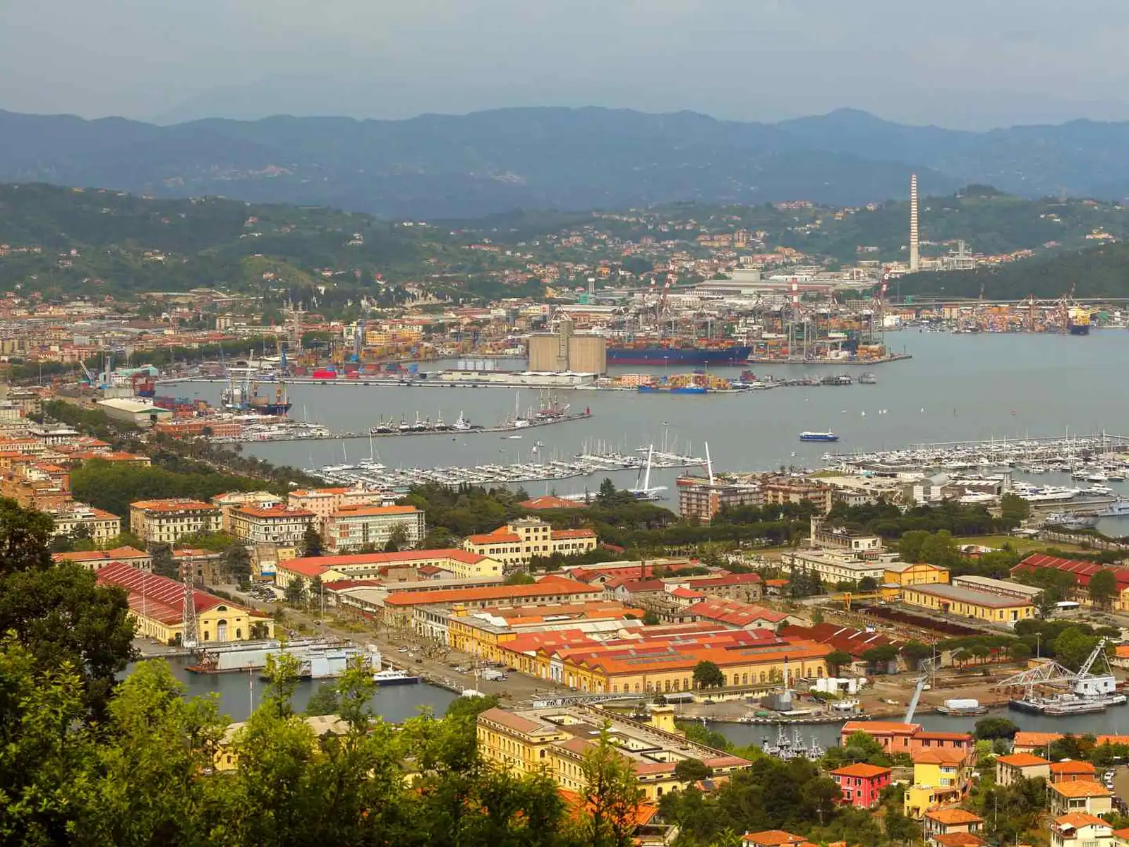 Aerial view of La Spezia city and harbor in Liguria