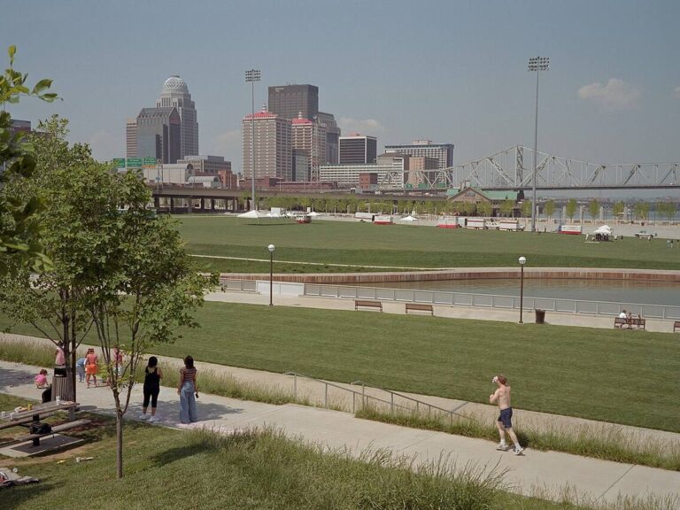 Louisville Waterfront Park with the downtown skyline and Clark Memorial Bridge