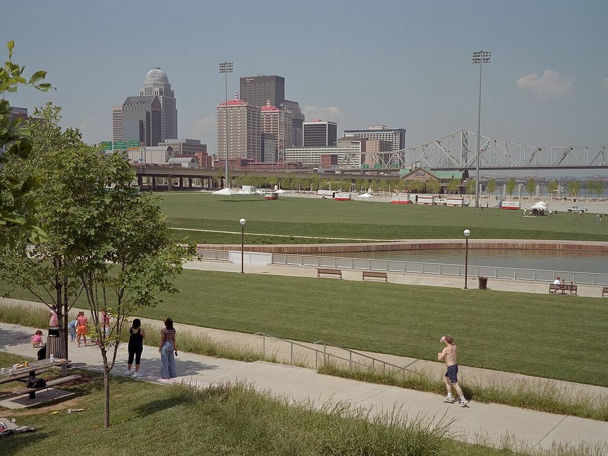 Louisville Waterfront Park with the downtown skyline and Clark Memorial Bridge