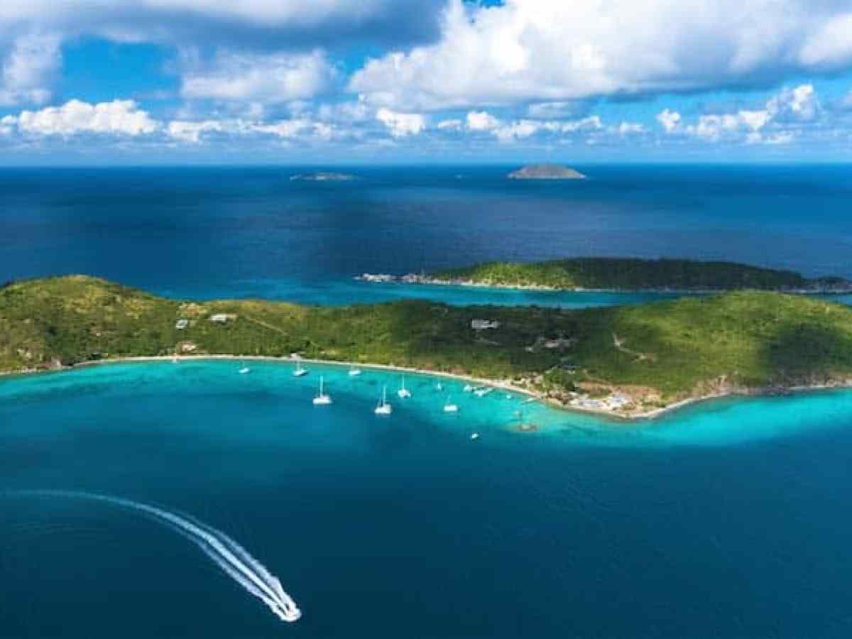 Aerial view of Lovango Cay and turquoise water in the U.S. Virgin Islands