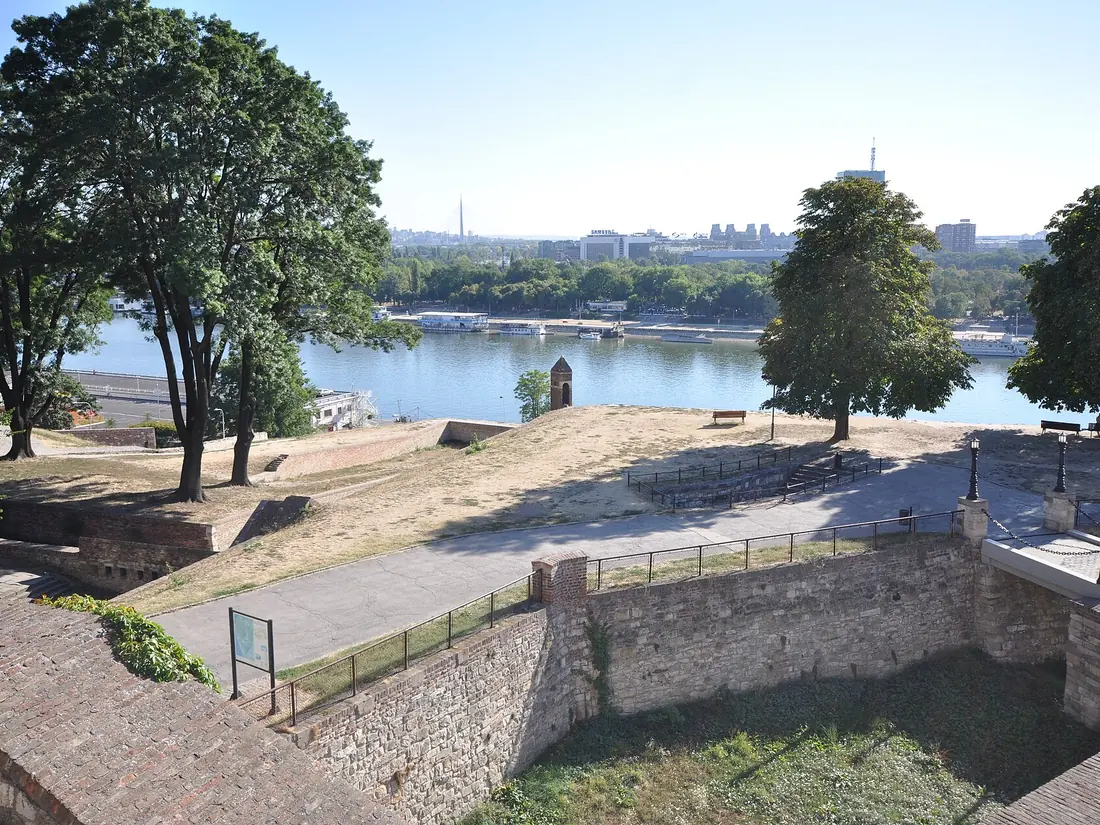 Belgrade Fortress overlooking the Danube River and riverfront in Serbia