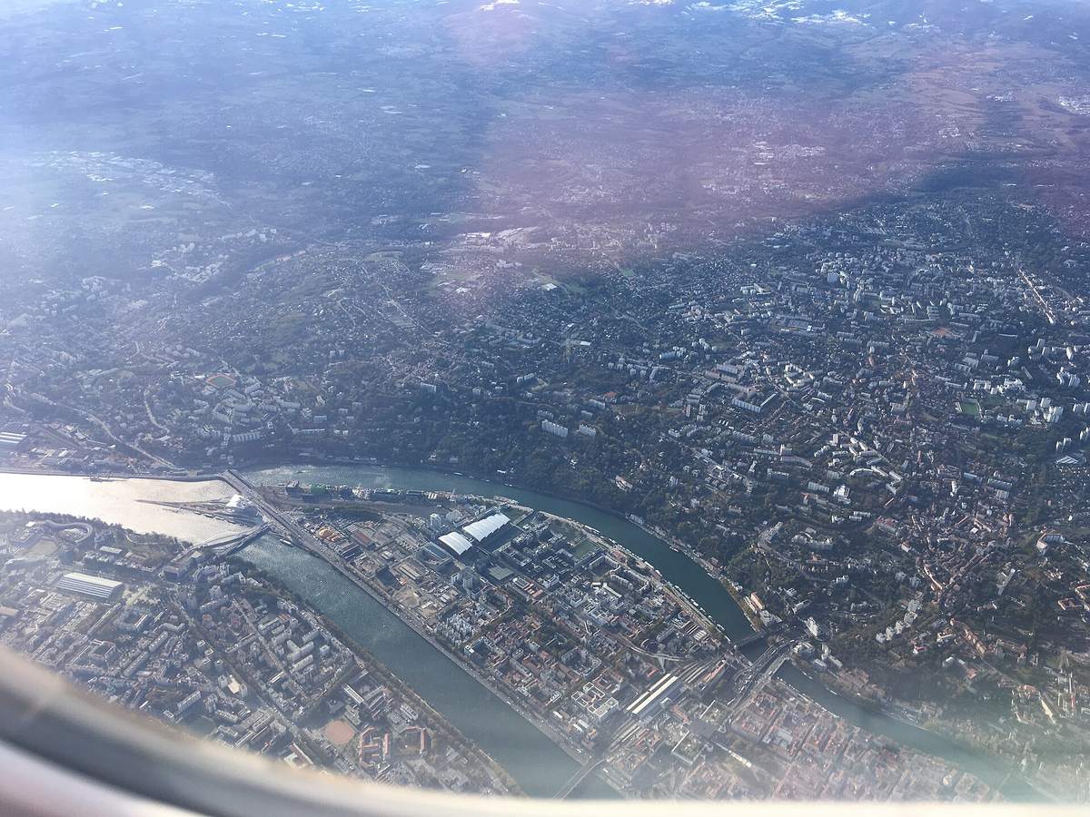 Aerial view of Lyon's Confluence district between two rivers