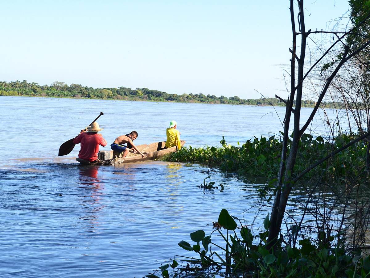Local canoe traveling through the river landscape of Magangué municipality