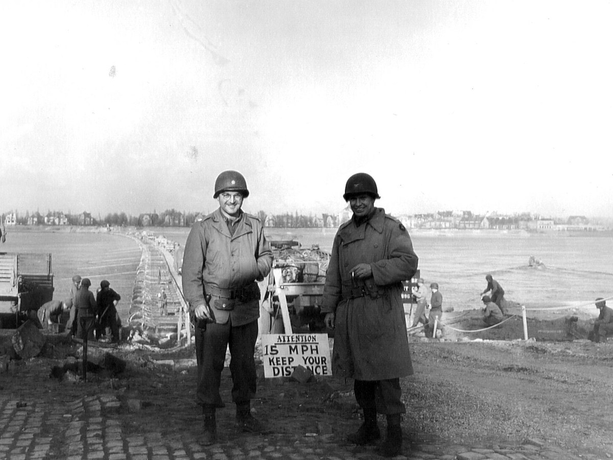 Colonel Jackson and Colonel Niles at Rhine River Mainz, Germany, April 1945 in Mainz, Germany