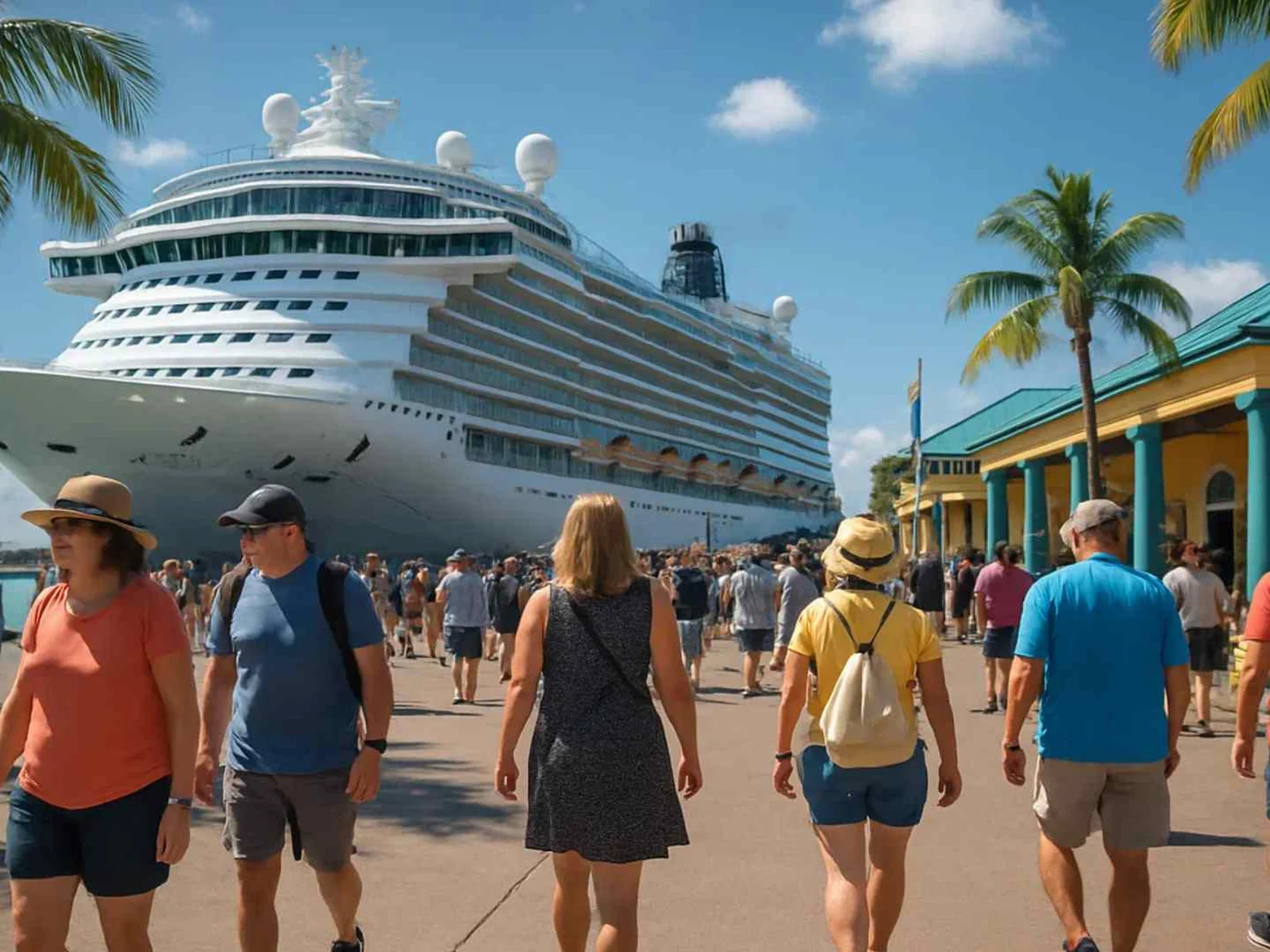 Cruise passengers entering a Caribbean terminal