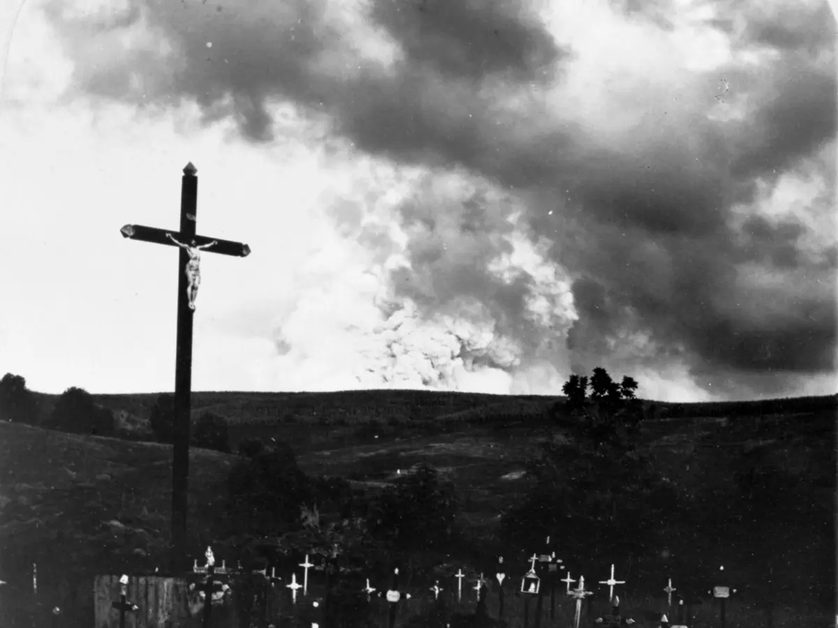 Historic view of Mount Pelée above Saint-Pierre, Martinique