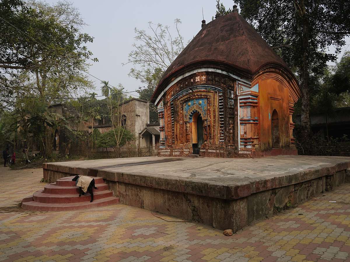 Angled view of the terracotta-decorated Rudreshwar temple in Matiari