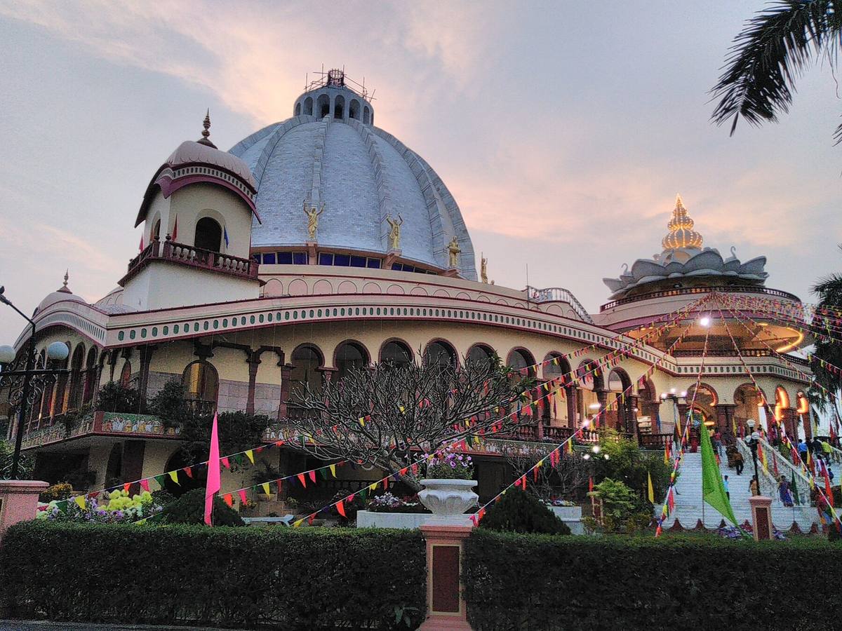 ISKCON Chandrodaya Temple complex in Mayapur at dusk
