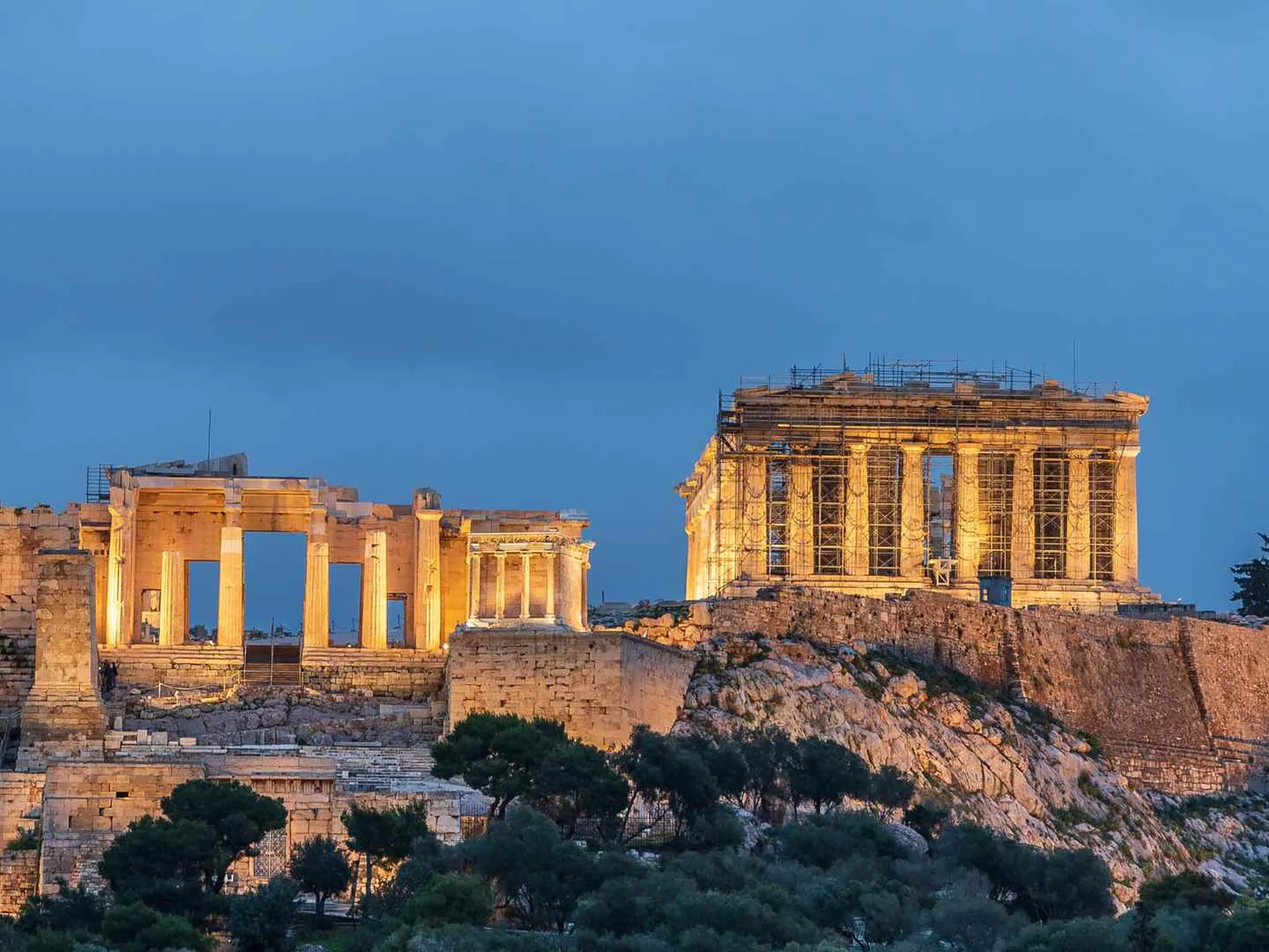 Acropolis and Parthenon illuminated above Athens