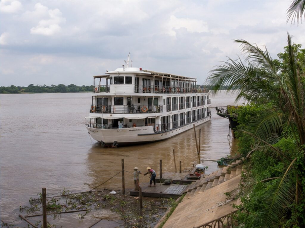 Mekong river cruise ship approaching a simple riverside landing in Vietnam during high water