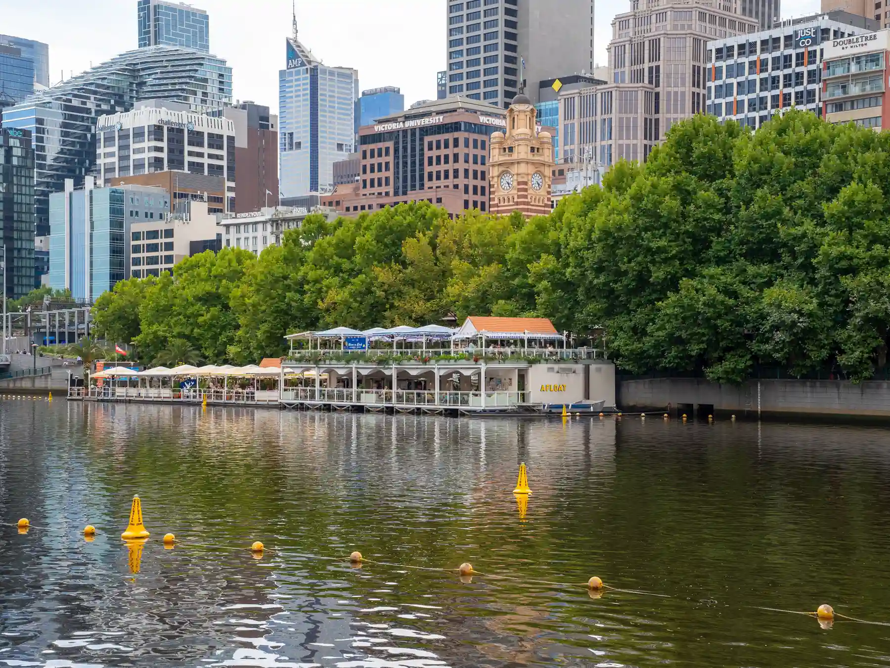 Melbourne's central skyline and historic clock tower above the Yarra River waterfront.