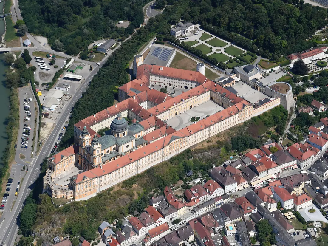 Aerial view of Melk Abbey and its grounds above the town of Melk