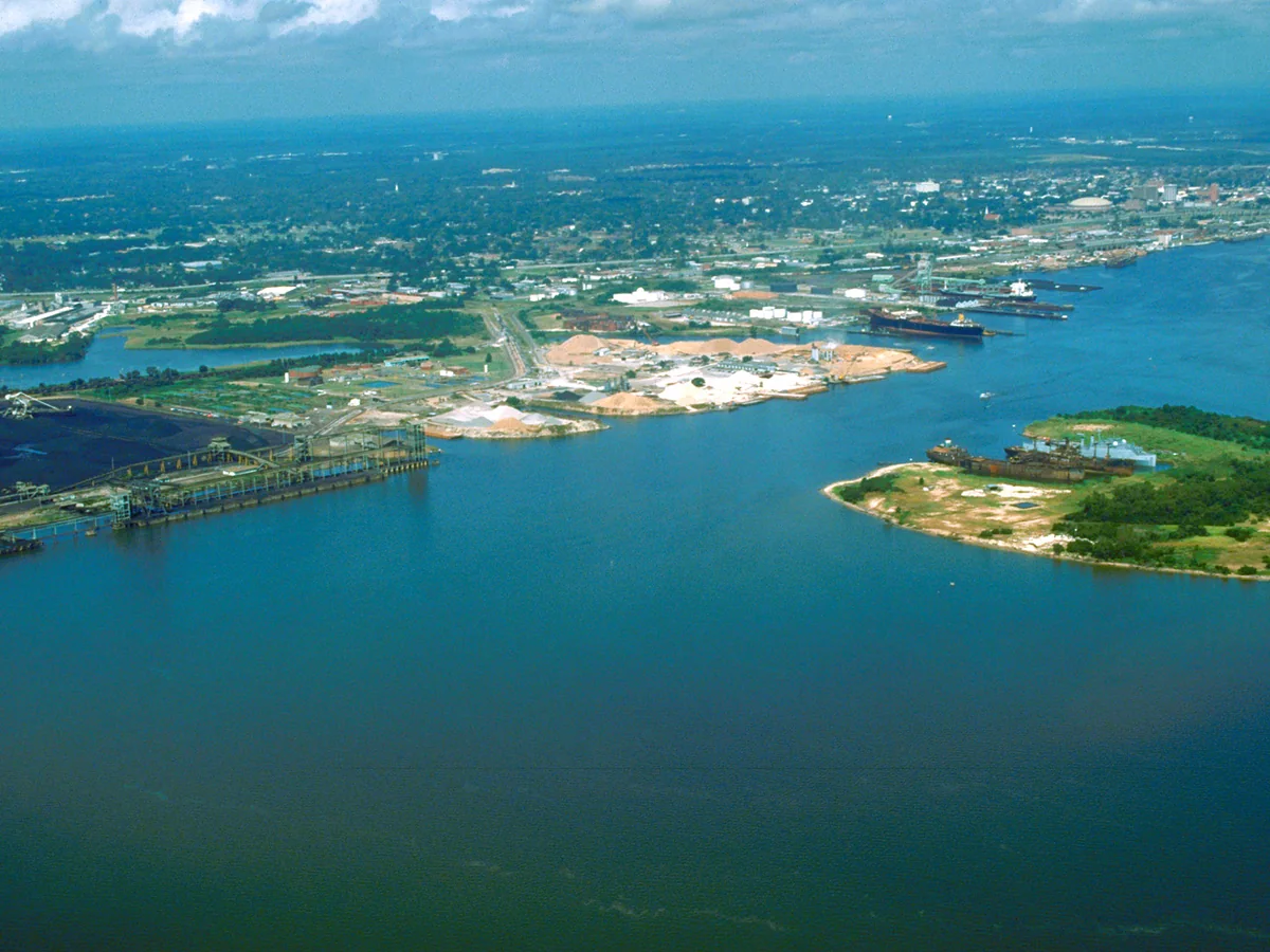 Aerial view across Mobile Harbor and the Port of Mobile
