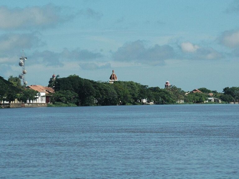 Mompox riverfront and church domes viewed across the Magdalena River
