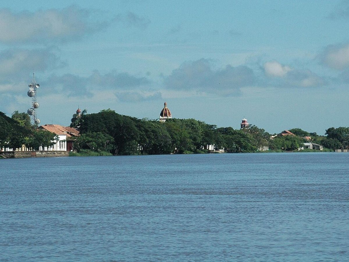 Mompox riverfront and church domes viewed across the Magdalena River